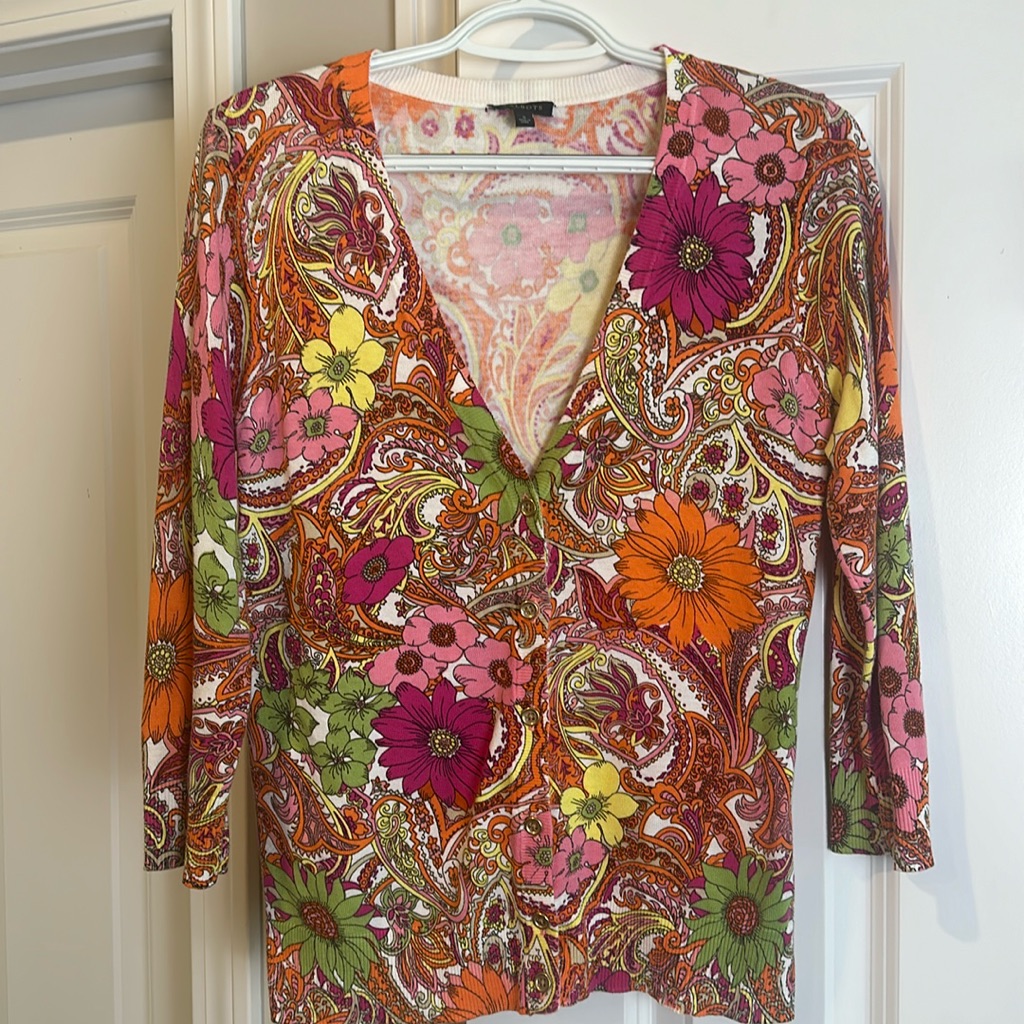 Talbots Small Boho Cardigan Pink Orange Yellow Floral Buttons V Neck 3/4 Sleeves